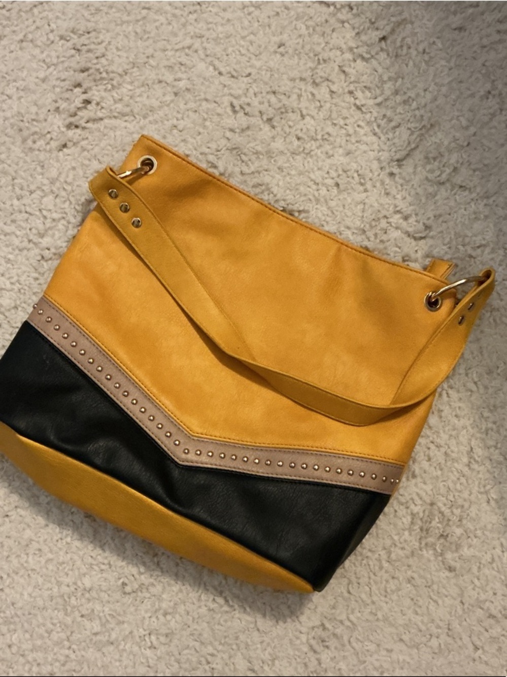 Yellow and Black Colorblock Shoulder Bag with Stud Trim